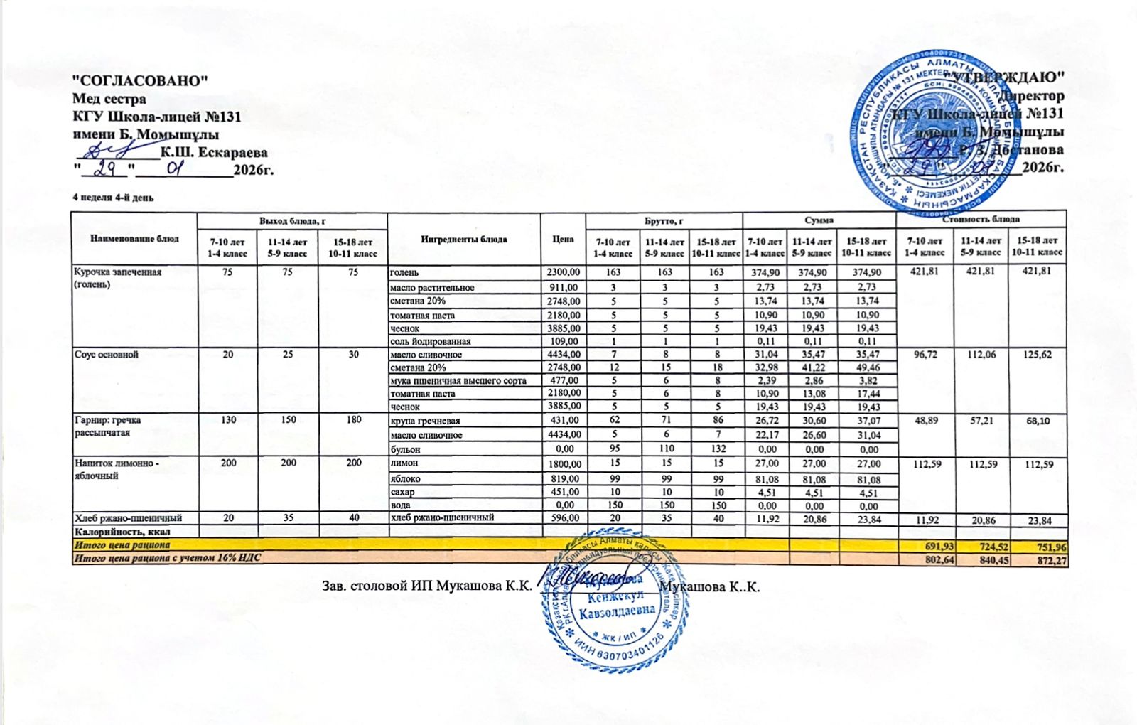 Ас мәзірі (меню) 29.01.2026