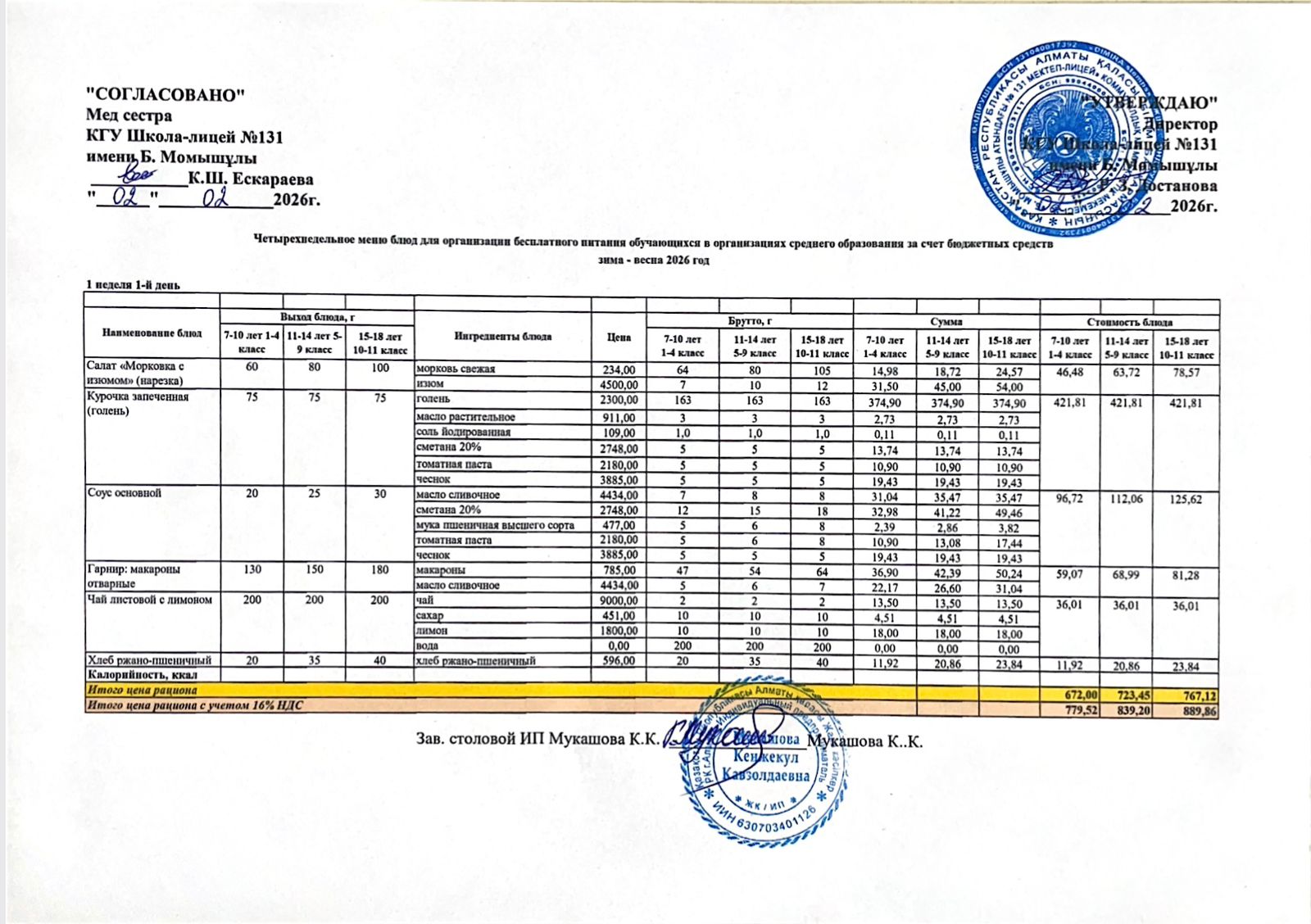 Ас мәзірі (меню) 02.02.2026