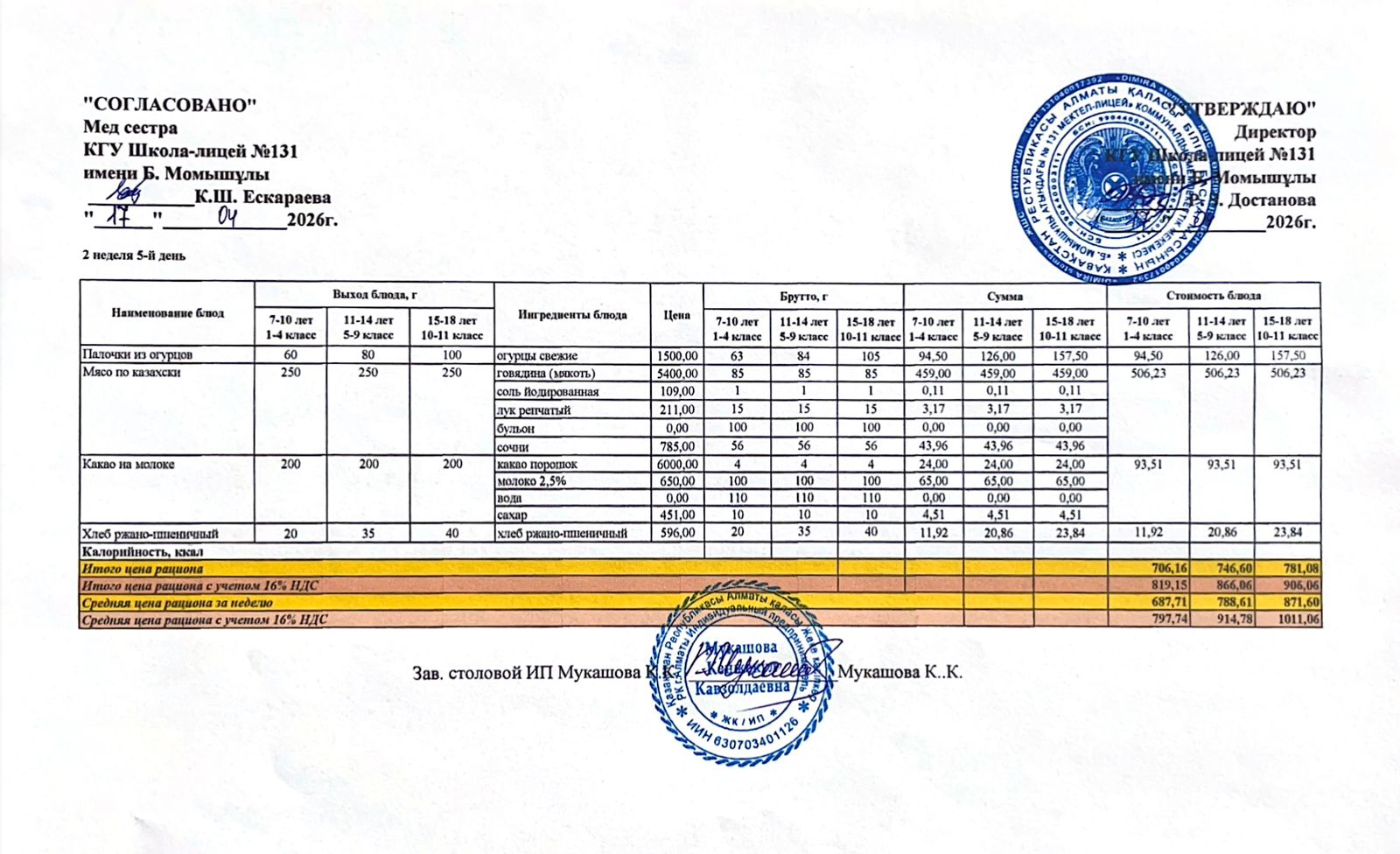 Ас мәзірі (меню) 17.04.2026